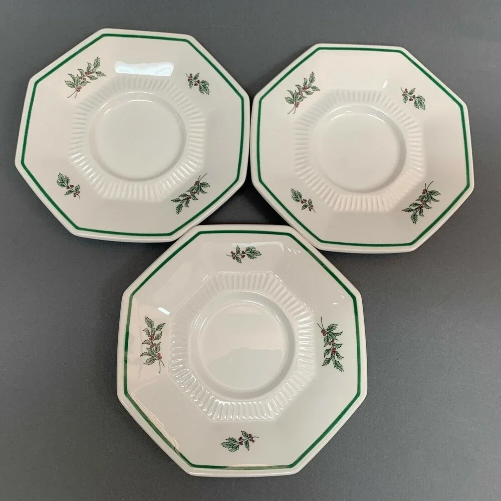 Nikko Christmastime Japan White‎ Green Holly Berries Saucers Plates Lot of 3